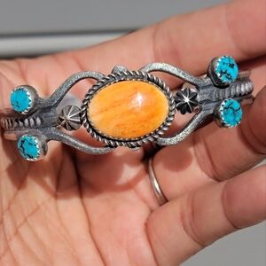 Native American handmade orange spiny oyster & turquoise sand cast tufa cast